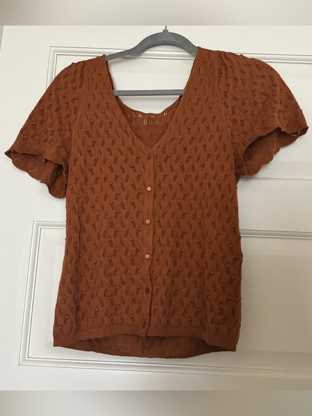 Sezane Burnt Orange Eyelet Button-Front Knit Top